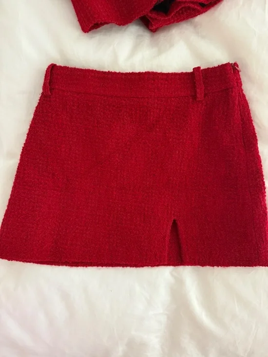 Zara Red Textured Tweed Matching Set / Jacket + Mini Skirt (never worn) - Picture 8 of 9